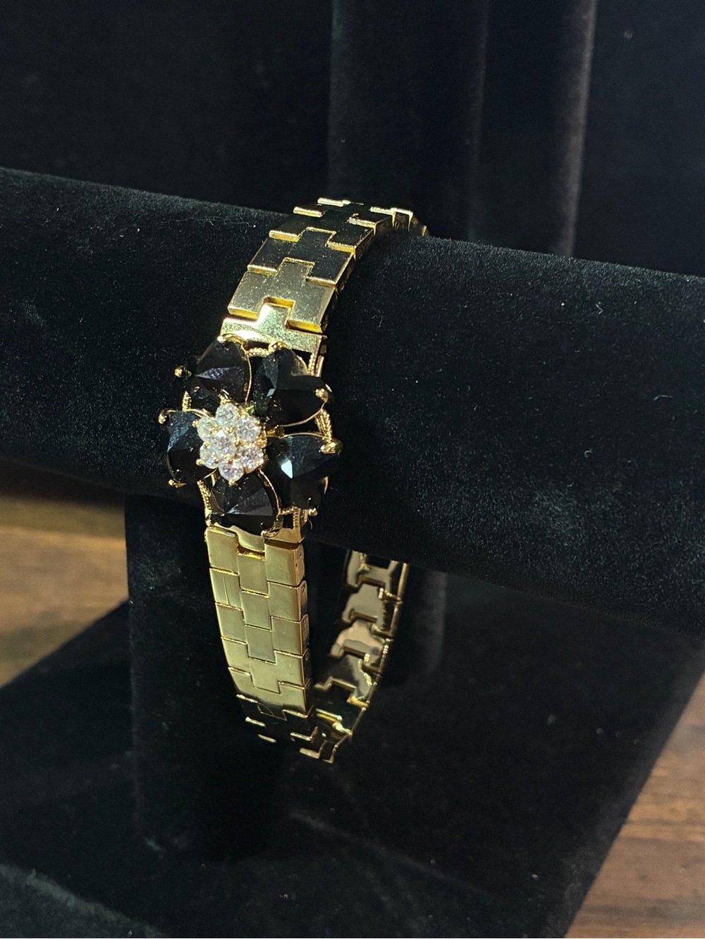 Gold-Tone Bracelet with Black Flower and Crystal Cluster - Women Jewelry